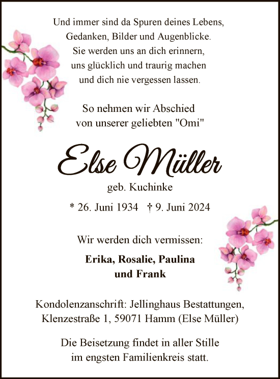 Todesanzeige von Else Müller von WA