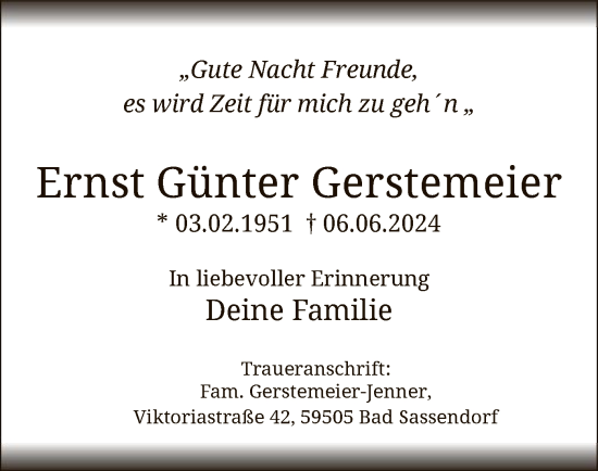 Todesanzeige von Ernst Günter Gerstemeier von WA