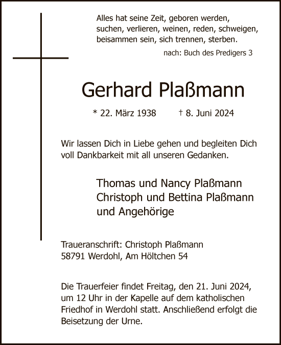 Todesanzeige von Gerhard Plaßmann von WA