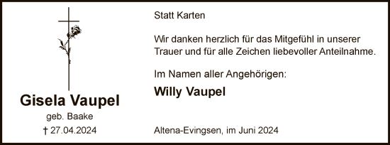 Todesanzeige von Gisela Vaupel von WA