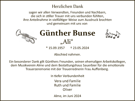 Todesanzeige von Günther Bunse von WA