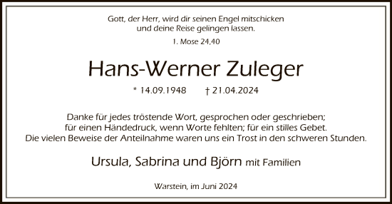 Todesanzeige von Hans-Werner Zuleger von WA