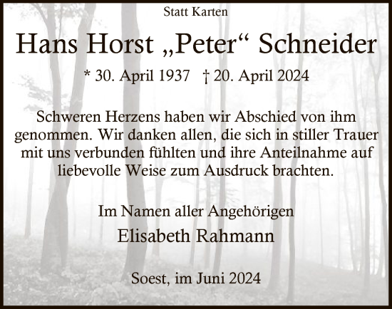 Todesanzeige von Hans Horst Schneider von WA
