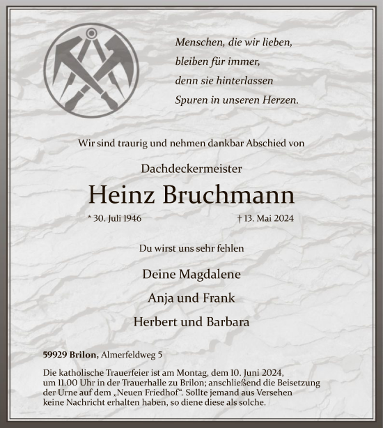 Todesanzeige von Heinz Bruchmann von WA