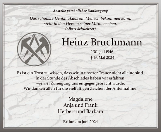 Todesanzeige von Heinz Bruchmann von WA