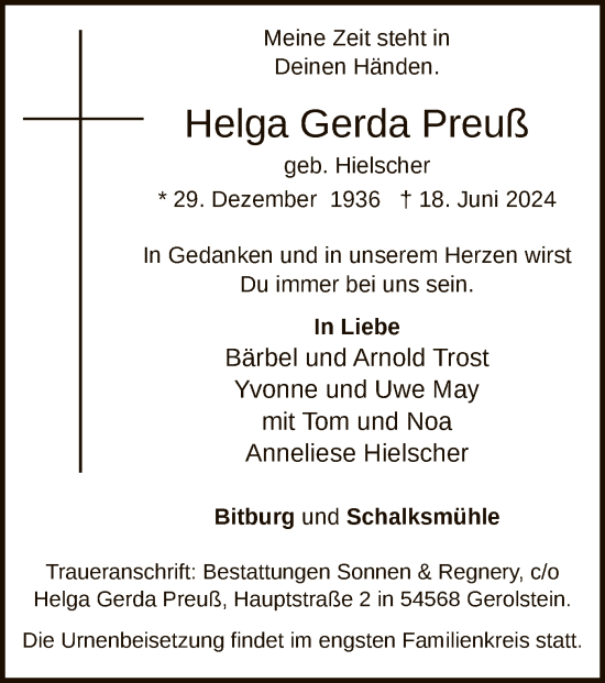 Todesanzeige von Helga Gerda Preuß von WA