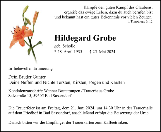 Todesanzeige von Hildegard Grobe von WA