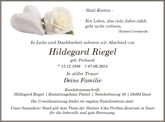 Todesanzeige von Hildegard Riegel von WA