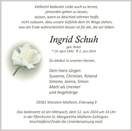 Todesanzeige von Ingrid Schuh von WA