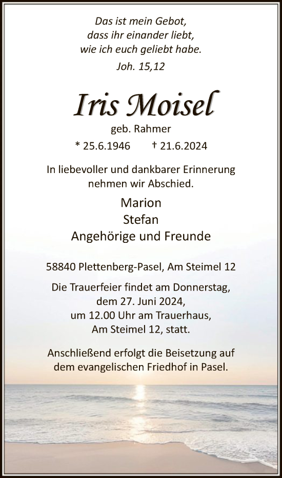 Todesanzeige von Iris Moisel von WA