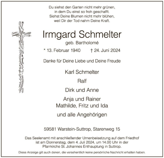 Todesanzeige von Irmgard Schmelter von WA