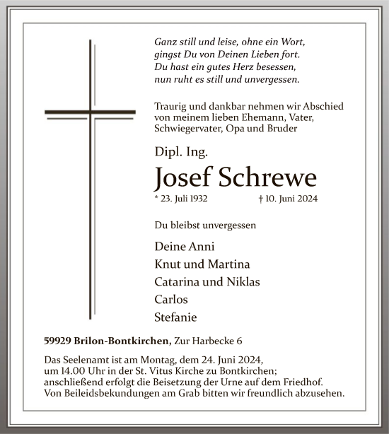 Todesanzeige von Josef Schrewe von WA