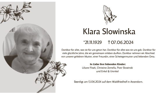 Todesanzeige von Klara Slowinska von WA