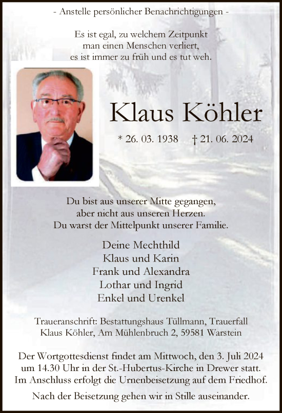 Todesanzeige von Klaus Köhler von WA