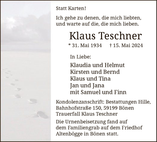 Todesanzeige von Klaus Teschner von WA