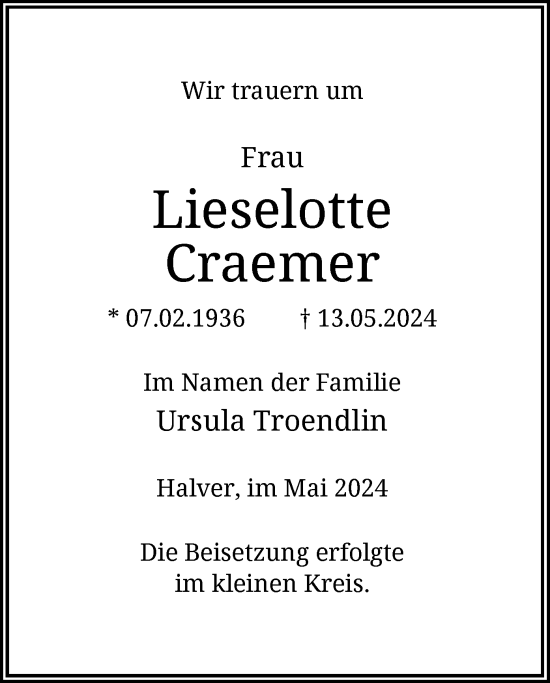 Todesanzeige von Lieselotte Craemer von WA