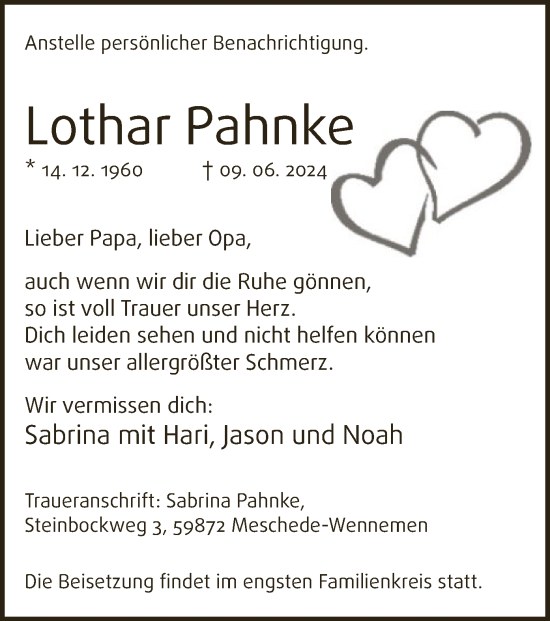Todesanzeige von Lothar Pahnke von WA