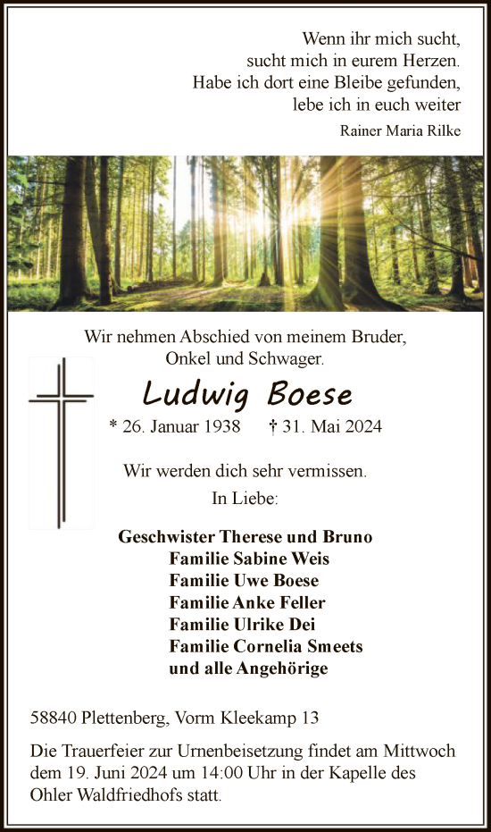 Todesanzeige von Ludwig Boese von WA