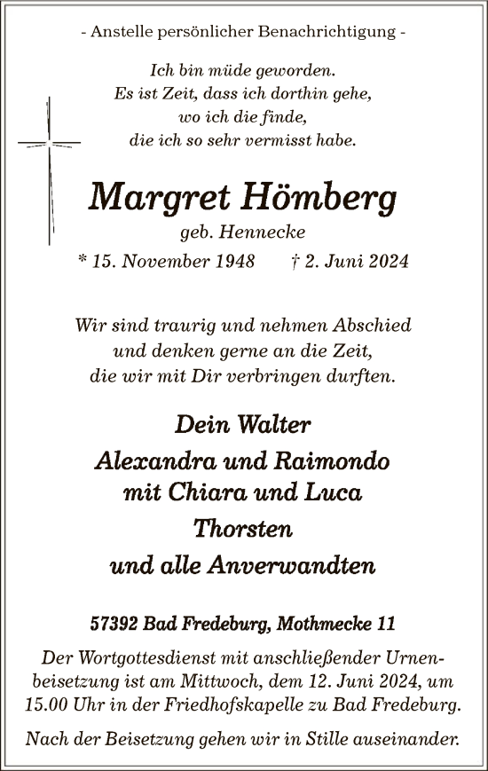 Todesanzeige von Margret Hömberg von WA