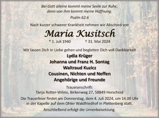 Todesanzeige von Maria Kusitsch von WA