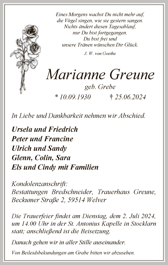 Todesanzeige von Marianne Greune von WA