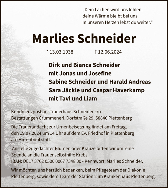 Todesanzeige von Marlies Schneider von WA