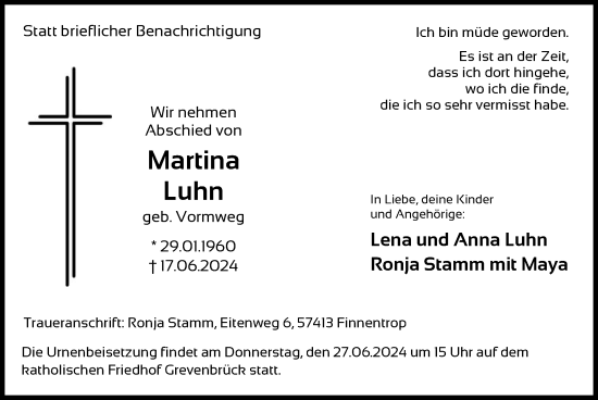 Todesanzeige von Martina Luhn von WA