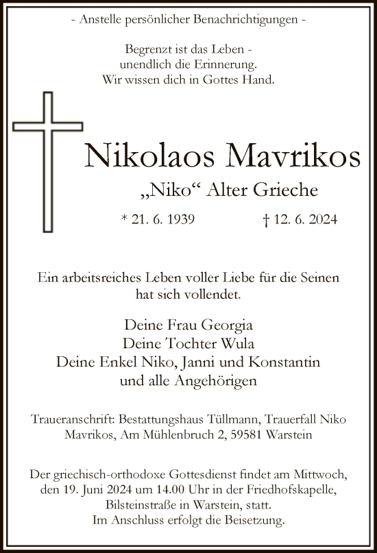 Todesanzeige von Nikolaos Mavrikos von WAWA