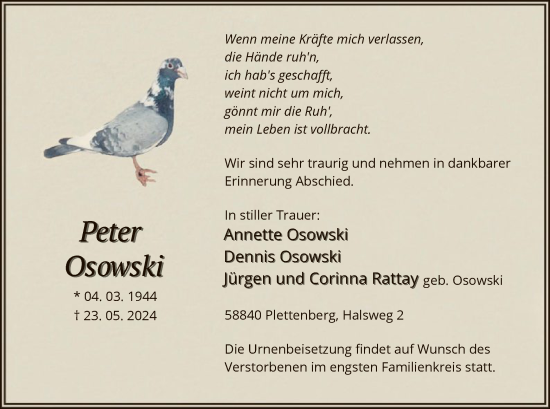 Todesanzeige von Peter Osowski von WA