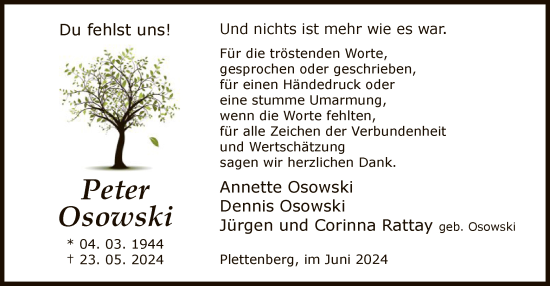 Todesanzeige von Peter Osowski von WA