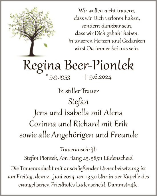 Todesanzeige von Regina Beer-Piontek von WA