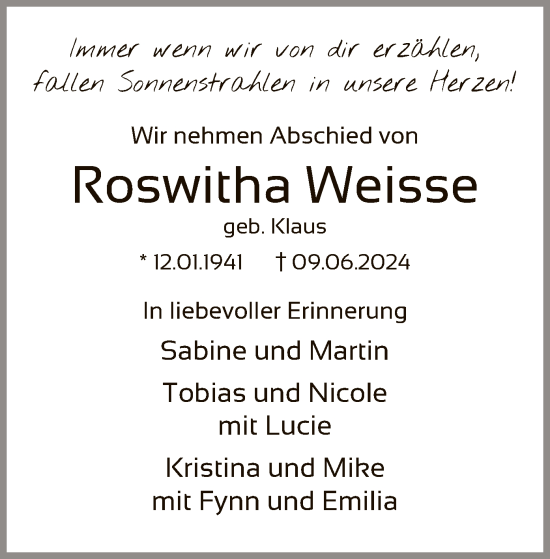 Todesanzeige von Roswitha Weisse von WA