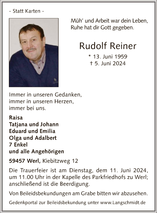Todesanzeige von Rudolf Reiner von WA