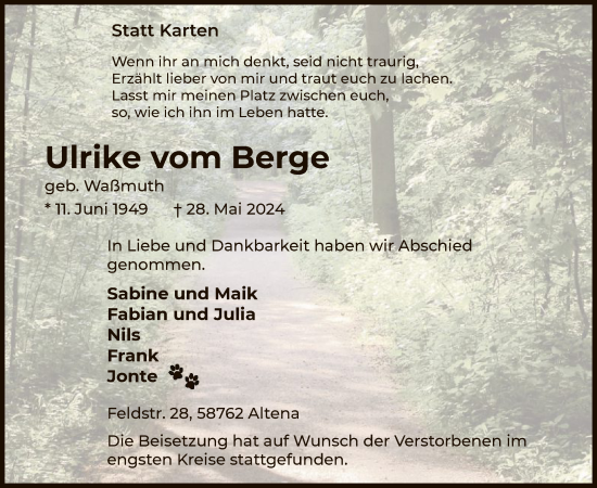 Todesanzeige von Ulrike vom Berge von WA