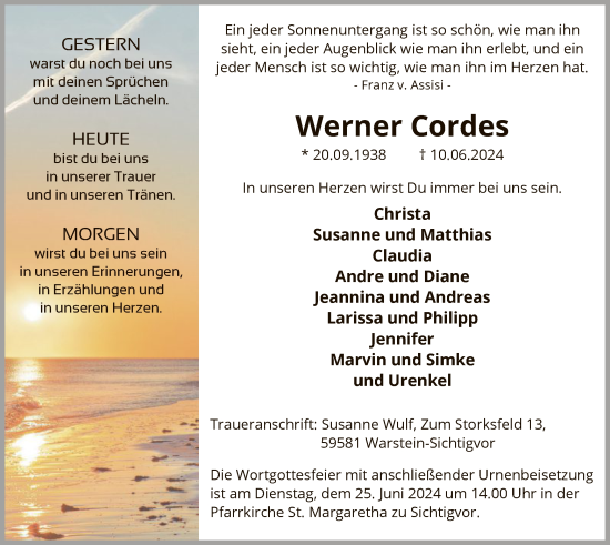 Todesanzeige von Werner Cordes von WA