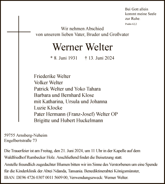Todesanzeige von Werner Welter von WA