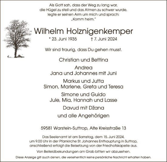 Todesanzeige von Wilhelm Holznigenkemper von WA