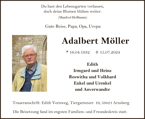 Todesanzeige von Adalbert Möller von WA