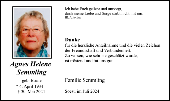 Todesanzeige von Agnes Helene Semmling von WA