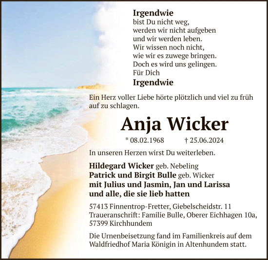 Todesanzeige von Anja Wicker von WA