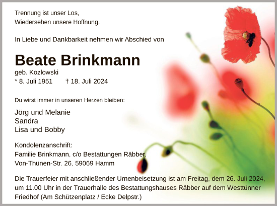 Todesanzeige von Beate Brinkmann von WA