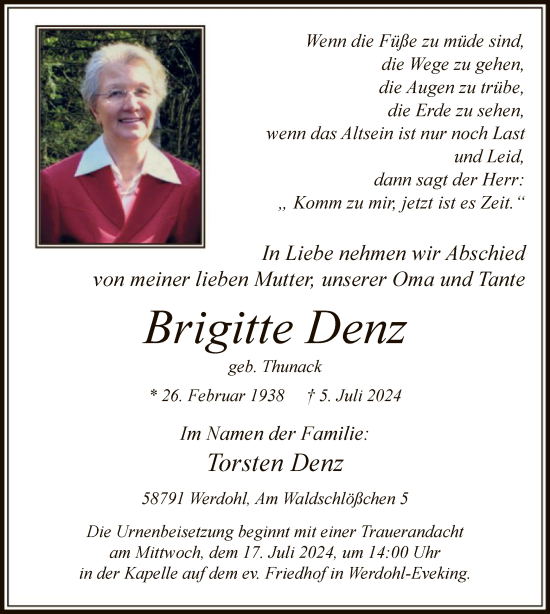 Todesanzeige von Brigitte Denz von WA