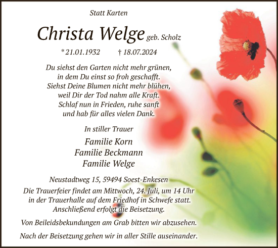 Todesanzeige von Christa Welge von WA