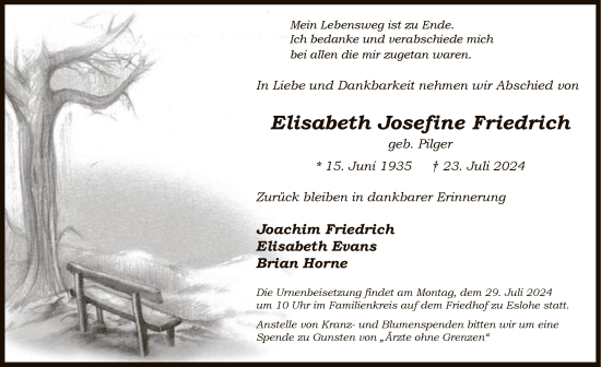 Todesanzeige von Elisabeth Josefine Friedrich von WA