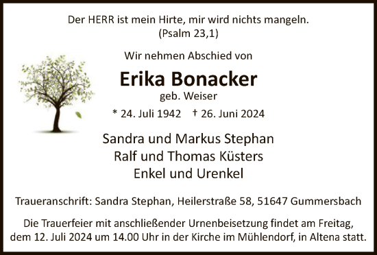 Todesanzeige von Erika Bonacker von WA