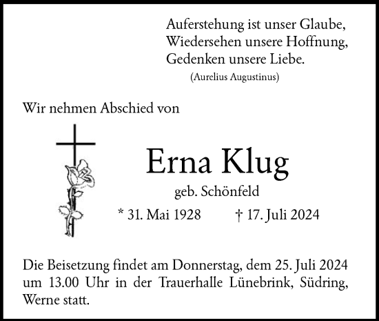 Todesanzeige von Erna Klug von WA