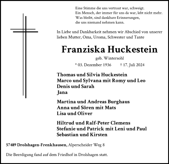 Todesanzeige von Franziska Huckestein von WA