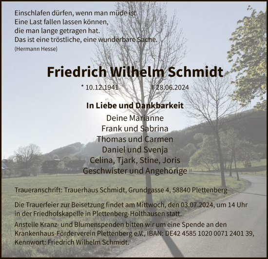 Todesanzeige von Friedrich Wilhelm Schmidt von WA