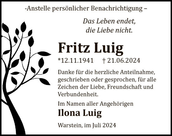 Todesanzeige von Fritz Luig von WA