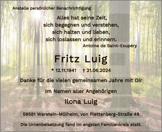 Todesanzeige von Fritz Luig von WA